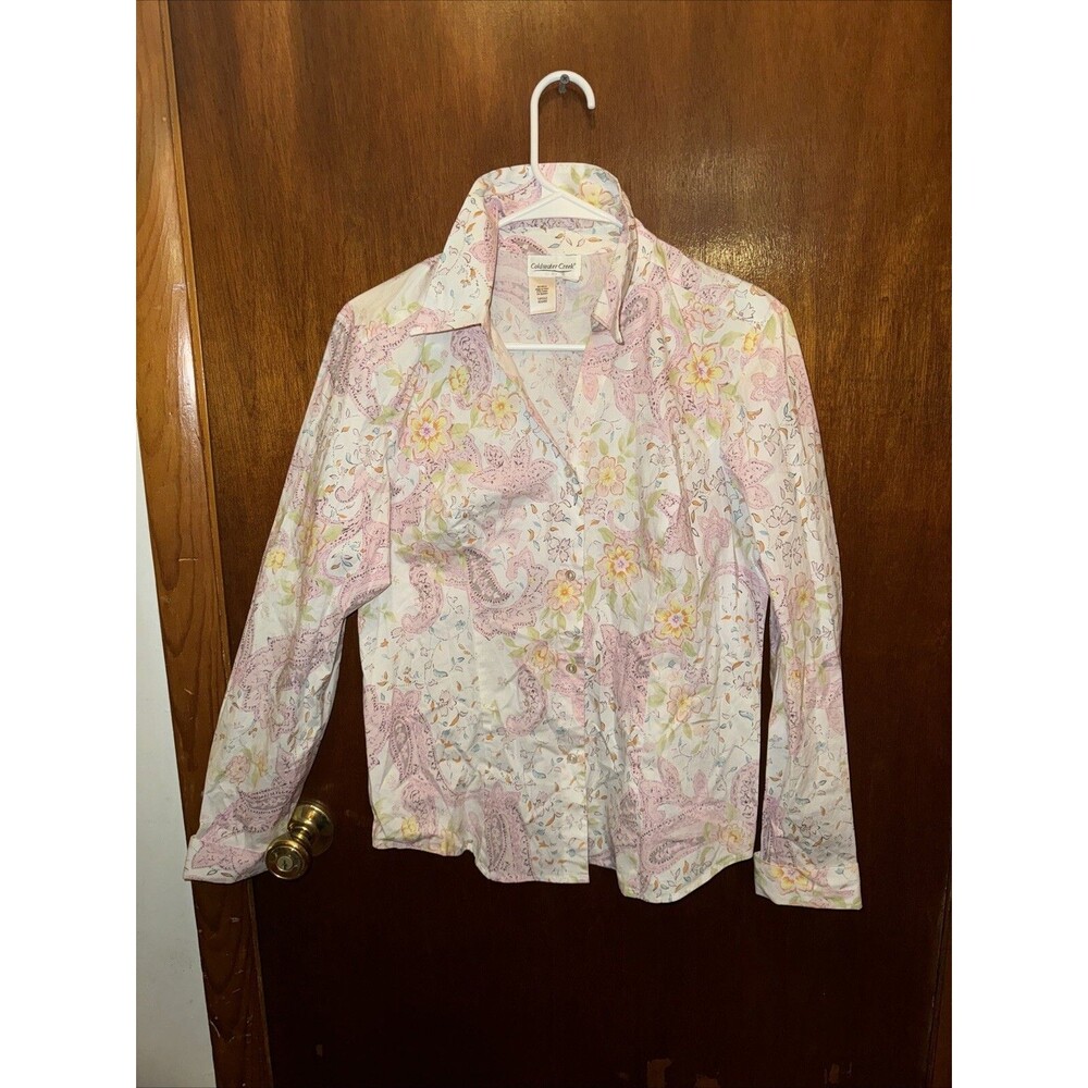 Coldwater Creek Womens White Floral Paisley Button Down Shirt Size Medium